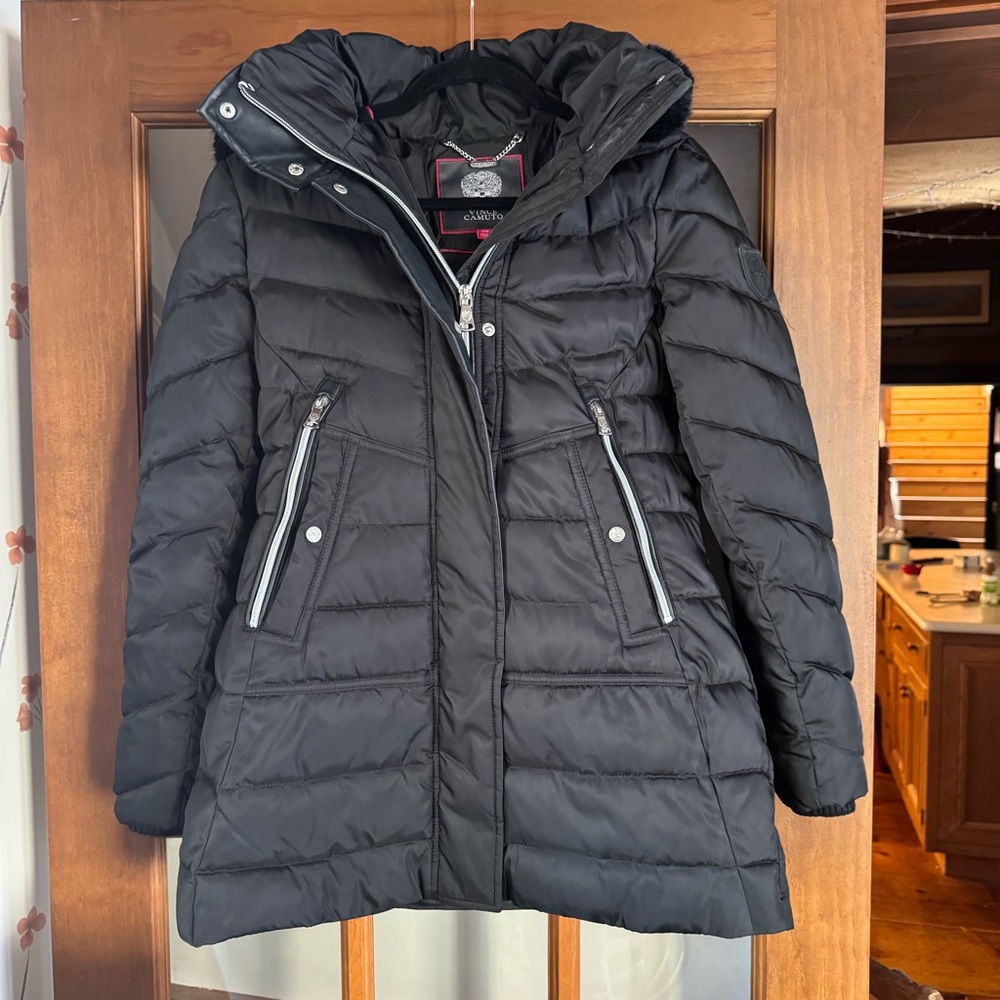 Vince Camuto Women's Black Puffer Jacket with Faux Fur Lined Hood
